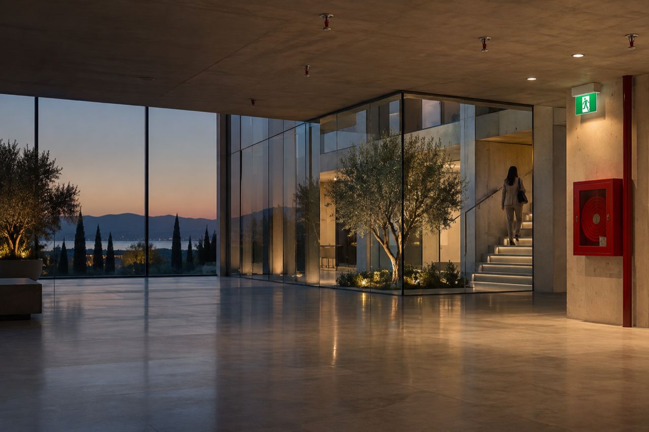 Αίθριο σύγχρονου κτιρίου γραφείων με καταιονητήρες στην οροφή, πυροσβεστική φωλιά και σήμανση εξόδου κινδύνου